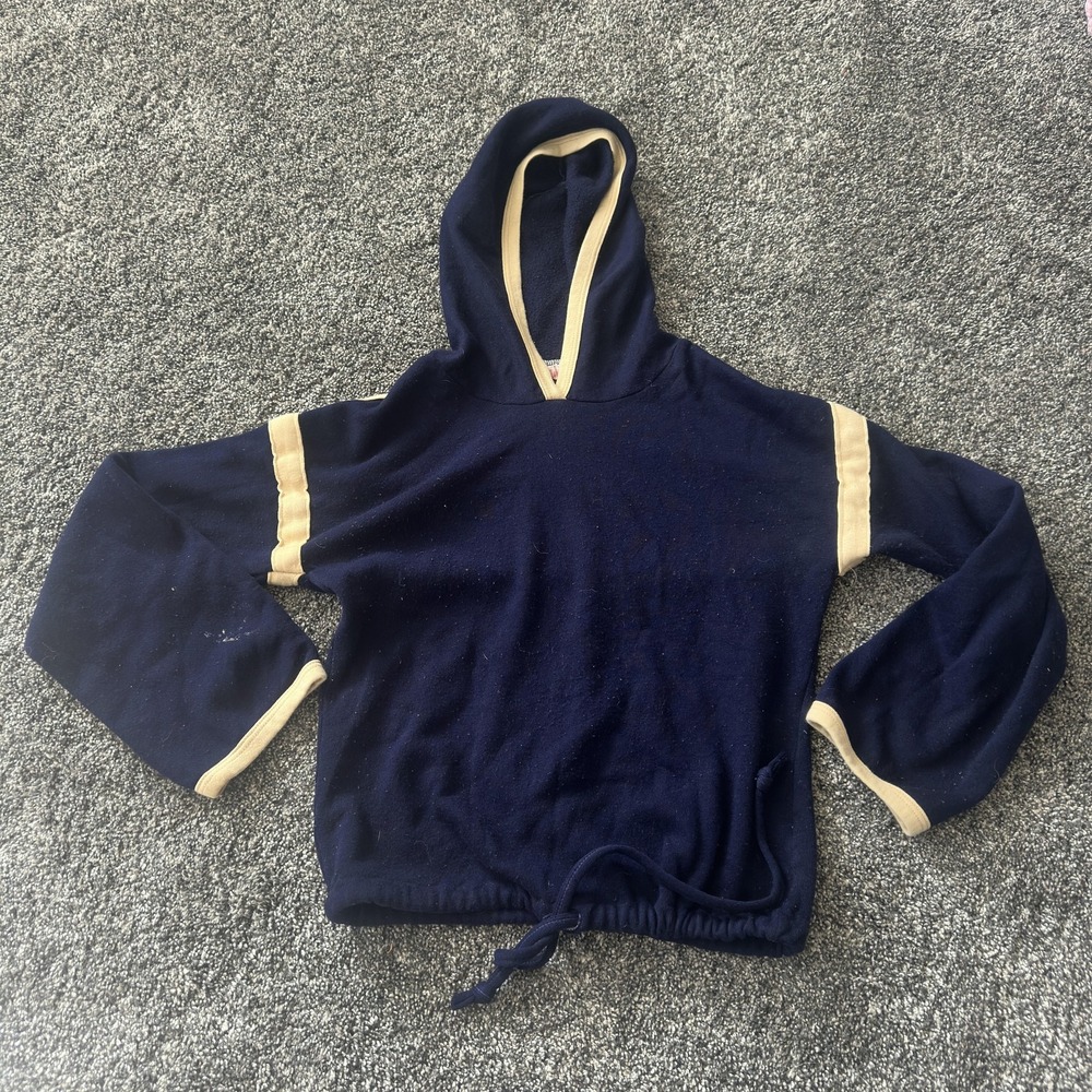 Vintage Hoodie Youth Medium Navy‎ Cream Acrylic Made USA Pullover V-Neck Ringer